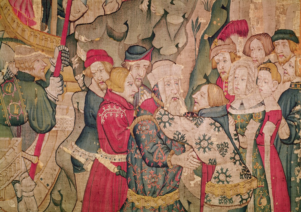 Yksityiskohta Jourdain de Blayen tarinasta, Arrasin työpaja (kuvakudos) (215164:n yksityiskohta) tekijältä Flemish School