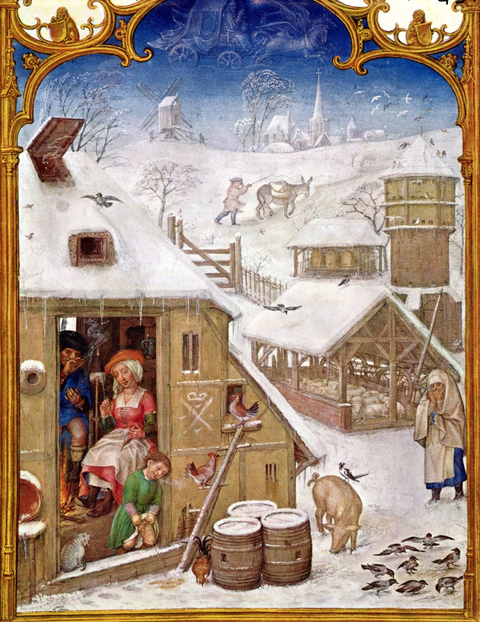 Fol.2v Helmikuu: Talonpoikien elämä, Breviarium Grimanista, n. 1515 tekijältä Flemish School