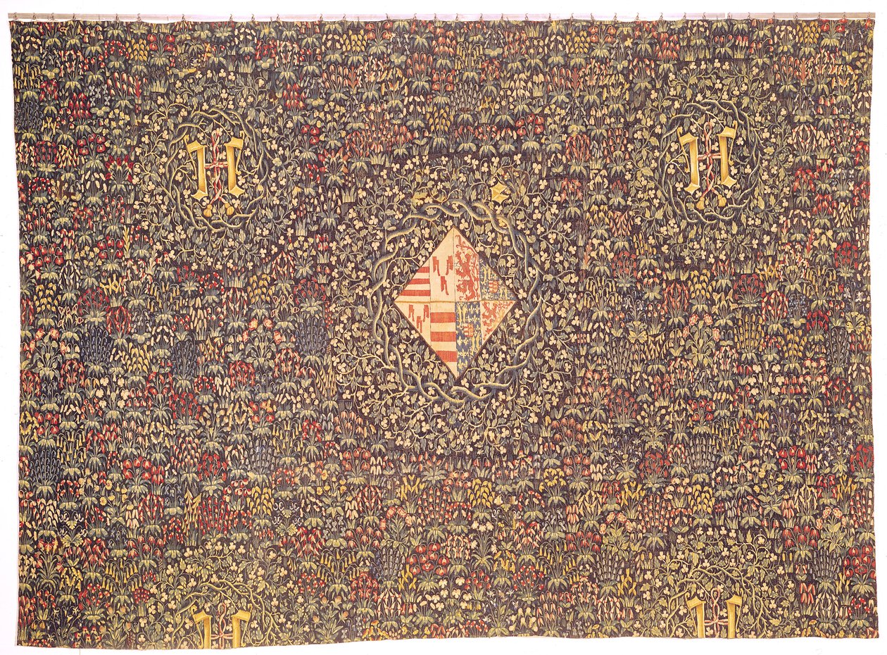 Mille fleurs Jacqueline of Luxemburgilaisen (s.1439) vaakunalla (kuvakudos) tekijältä Flemish School