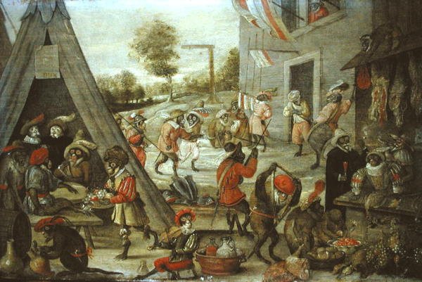 Apina- ja kissasotilaat leirissä, 1632 (katso 204409) tekijältä Flemish School