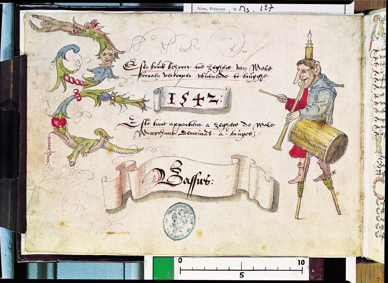 Ms 127 "Receuil des Chants Religieux et Profanes III" -elokuva, joka esittää tyhmää puujalassa soittimilla ja kynttilä päässään, 1542 tekijältä Flemish School