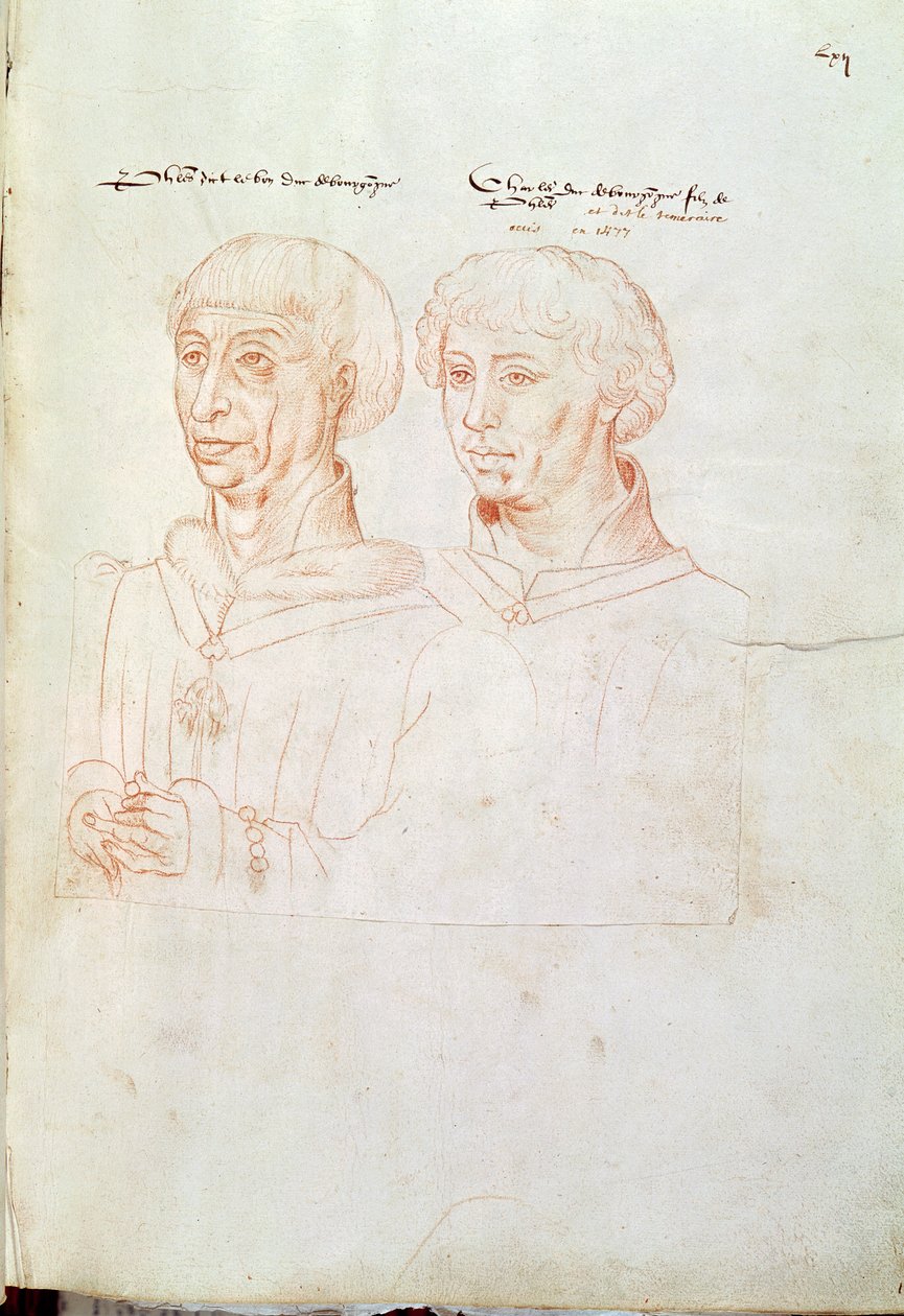 Ms 266 f.61 Filippus III Hyvä (1396-1467) Burgundin herttua ja hänen poikansa Kaarle Rohkea (1433-77) "Recueil d