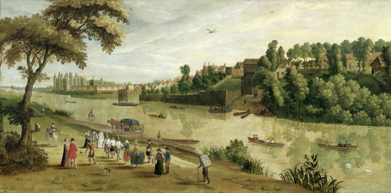 Thames Richmondissa ja vanha kuninkaallinen palatsi, n. 1620 tekijältä Flemish School