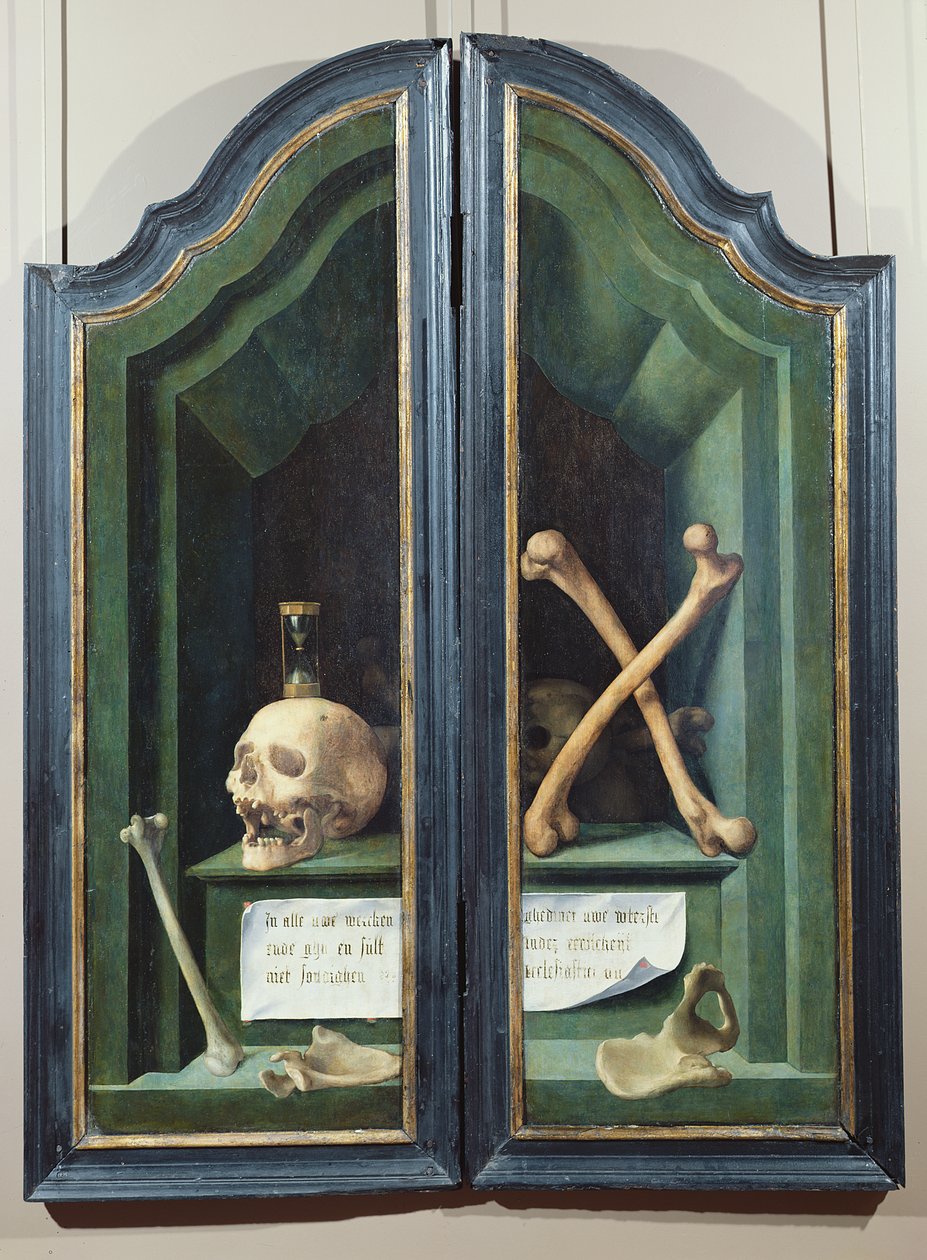 Vanitas, kahden paneelin kääntöpuoli triptyykistä tekijältä Flemish School