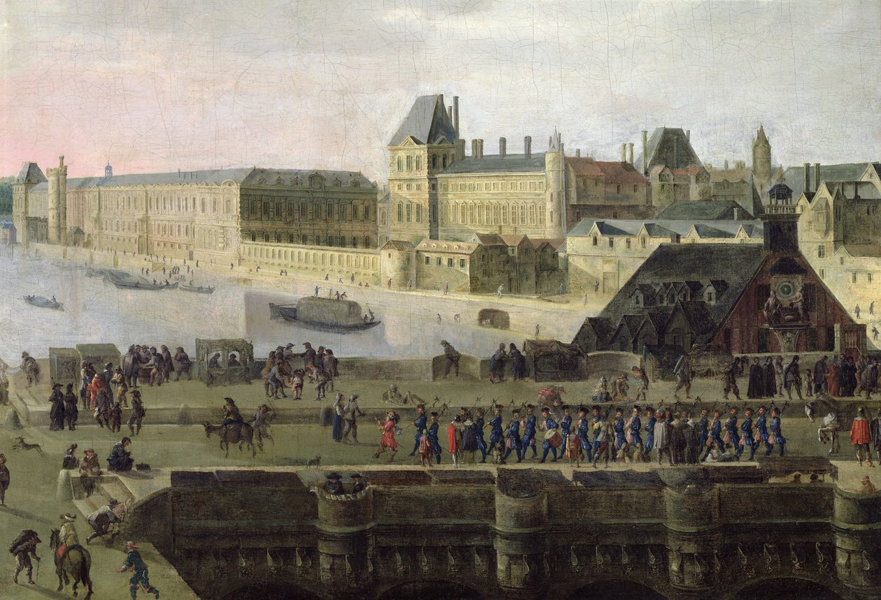 Näkymä Pont-Neufille ja Seine-joelle alavirtaan, yksityiskohta sillasta ja Louvresta, n. 1633 tekijältä Flemish School