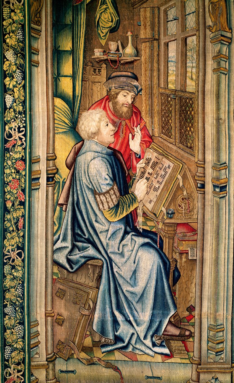 Kirjankirjoittaja kirjoittaa kertomusta, yksityiskohta Liiton arkin kuljettamisesta, Daavidin ja Batseban kuvakudos, n. 1510-1515 tekijältä Flemish School