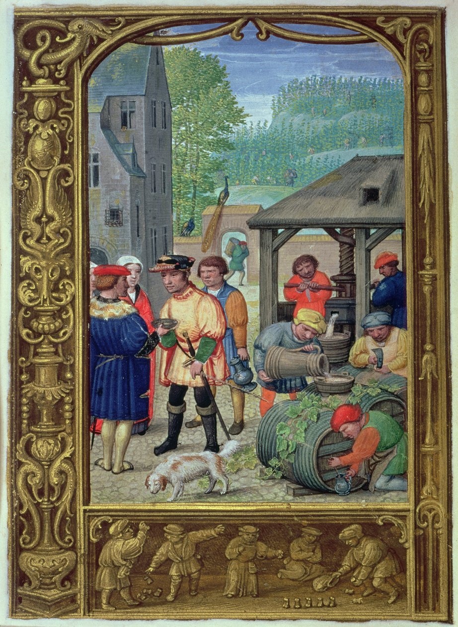 Lisää 24098 f.27v lokakuu: Viinisato, tuntikirjasta tai golfkirjasta, n. 1520-30 (vellum) tekijältä Flemish School
