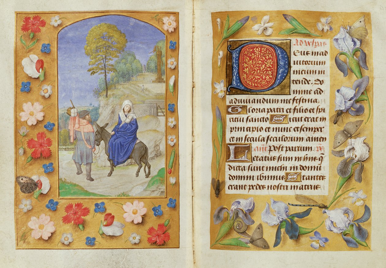Lisää 54782 f.131v-132 Lento Egyptiin, Hastings Hoursista, n.1475-83 (vellum) tekijältä Flemish School