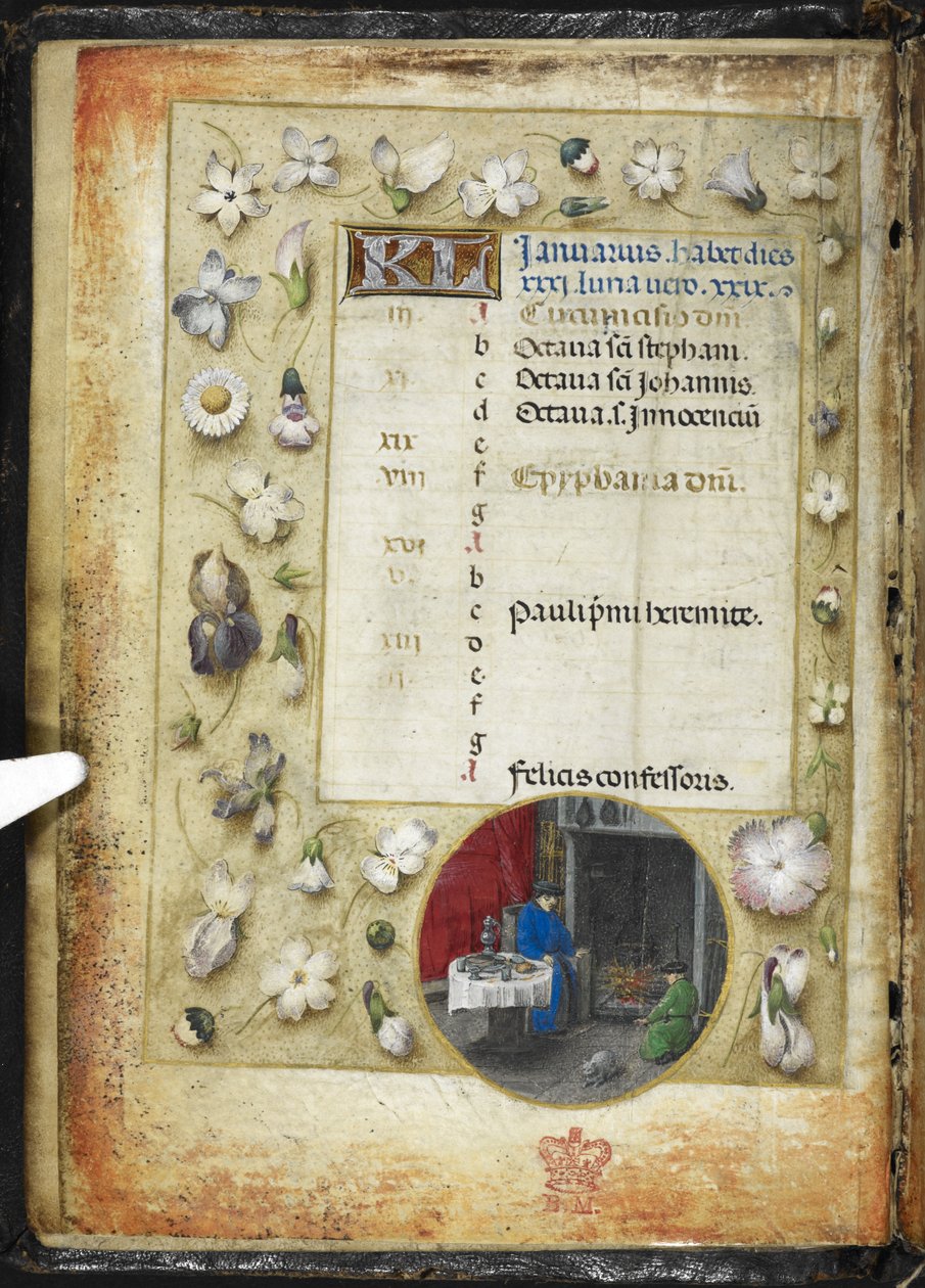 Lisää tammikuun MS 38126 f.1v -kalenterisivu, jossa on pyöreä pienoismalli kahdesta miehestä, jotka lämmittelevät tulen edessä, kirjasta "Tuntiajat, Rooman käyttö" ("Huth Hours") n. 1485-90 (muste & väri ja kulta velumissa) tekijältä Flemish School