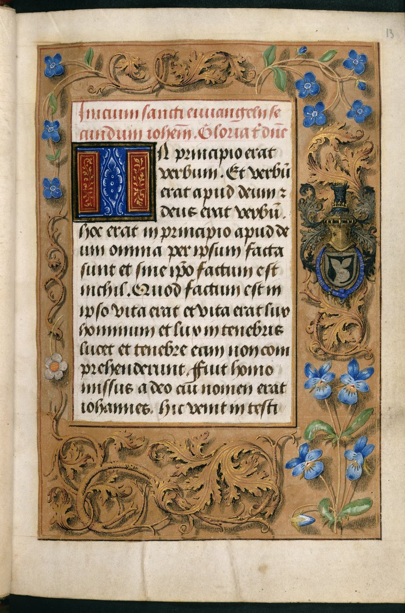 Lisää MS 54782, f.13r Hastings Hoursin kuva, jossa näkyy perheen vaakuna, n. 1475-83 (vellum) tekijältä Flemish School