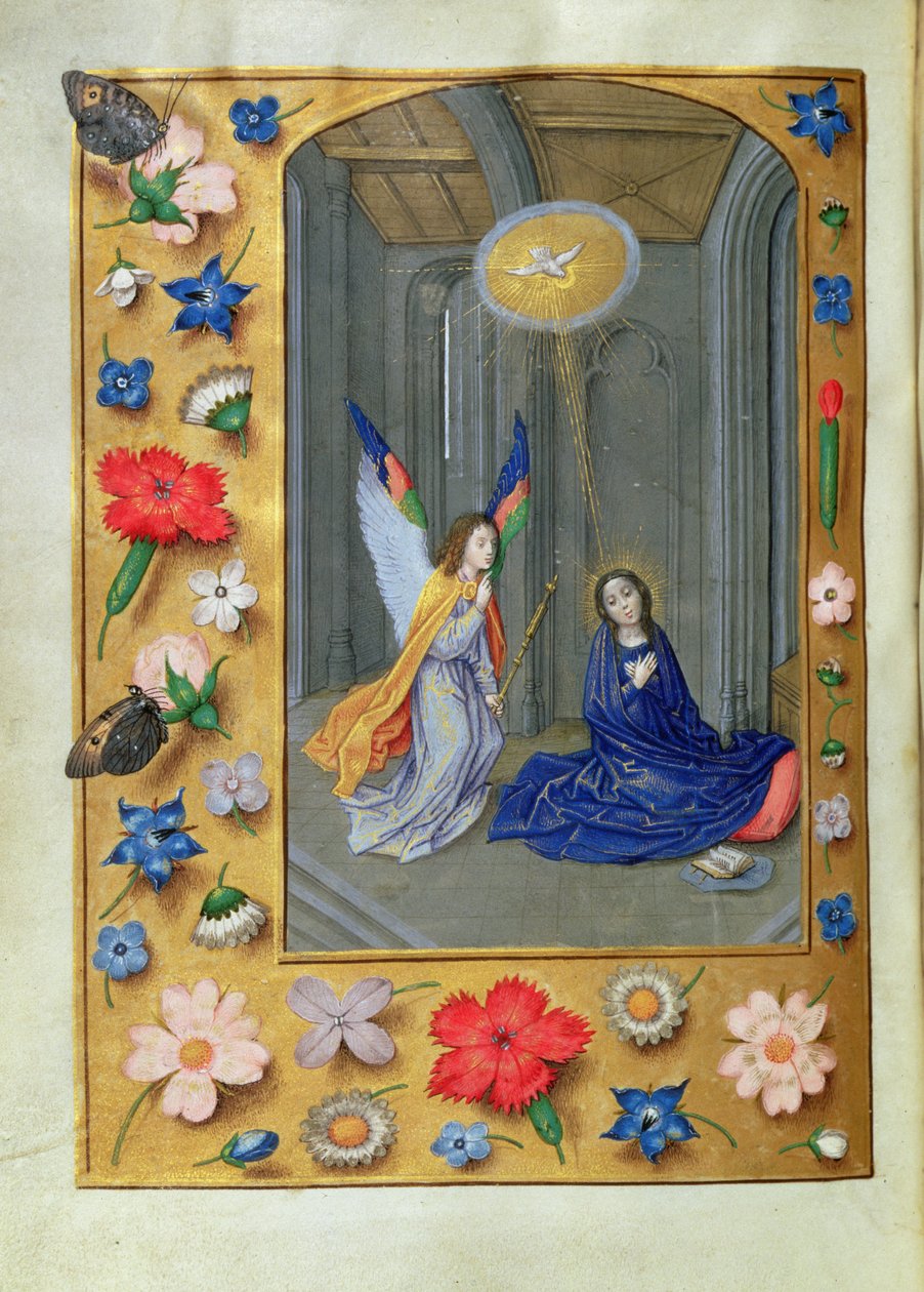 Lisänumero 54782, f.73v: Annunciation, Hastings Hoursista, n. 1475-83 (vellum) tekijältä Flemish School