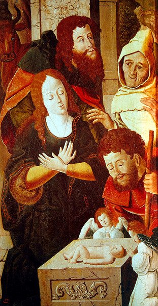 Paimenten palvonta, yksityiskohta triptyykistä, n. 1530 tekijältä Flemish School