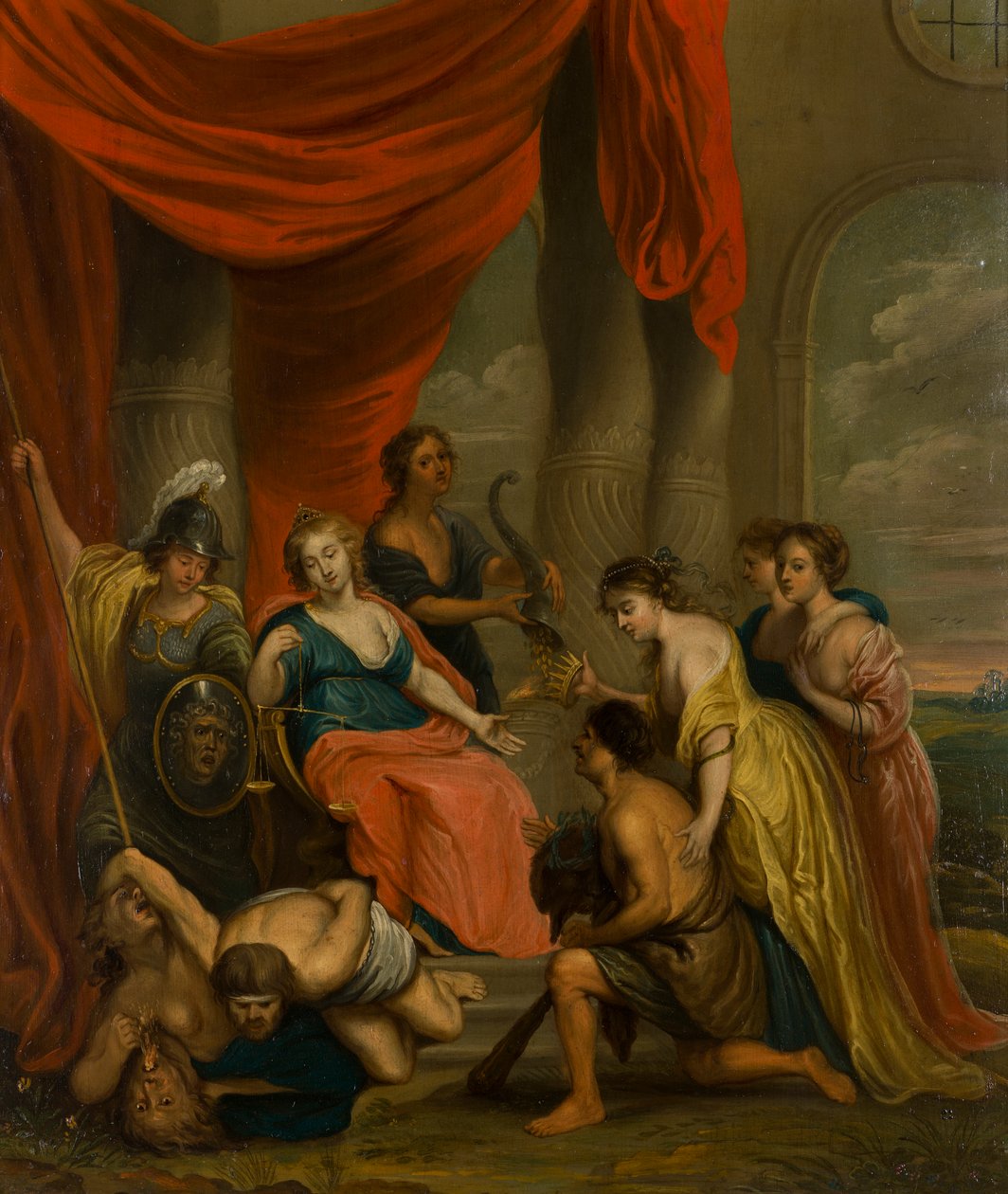 Allegorical Painting of Justice, n. 1630-1700 (öljy kuparille) tekijältä Flemish School