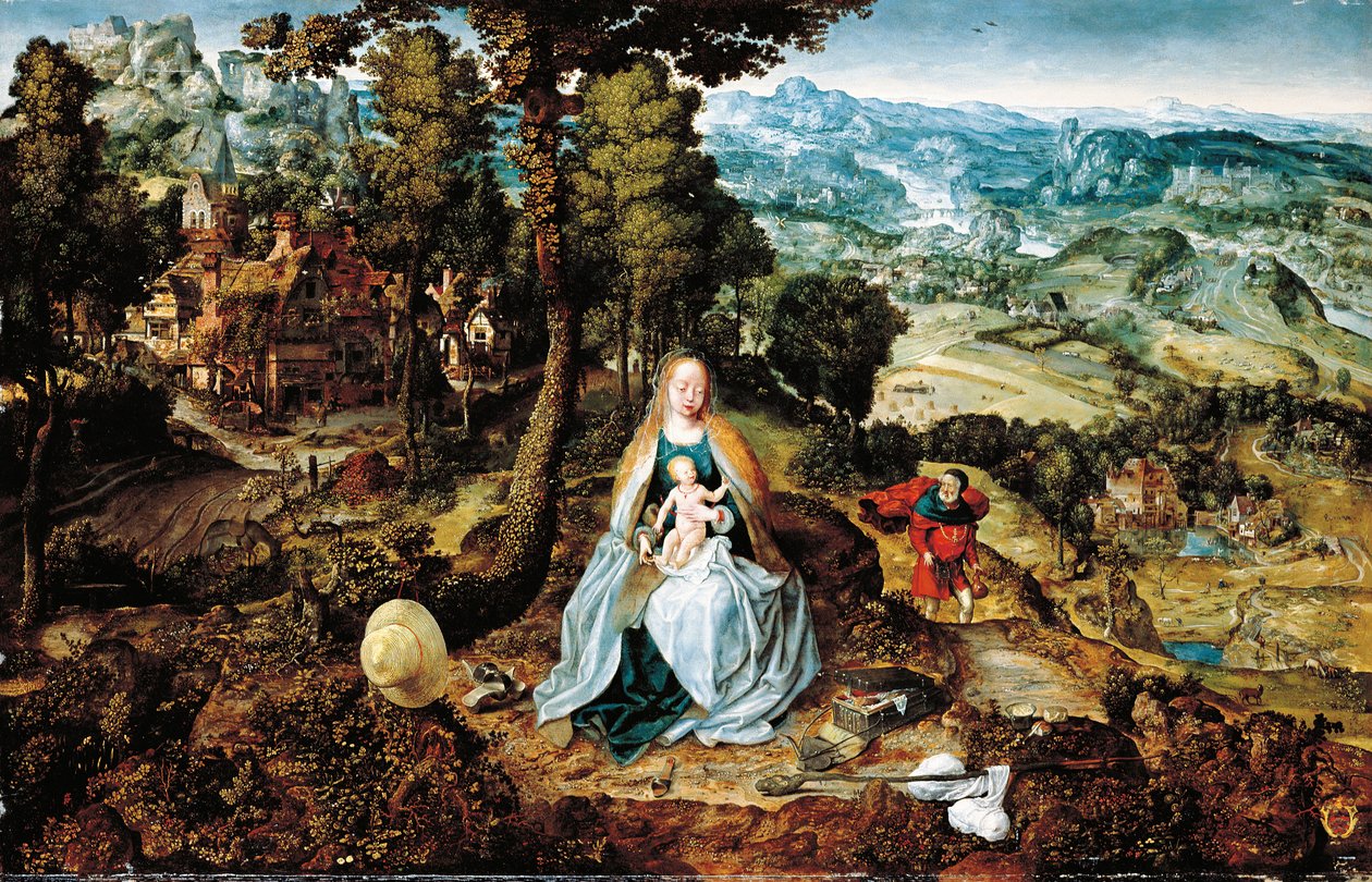 Laaja maisema: The Rest on the Flight to Egypt, Antwerpen School, n. 1520 tekijältä Flemish School