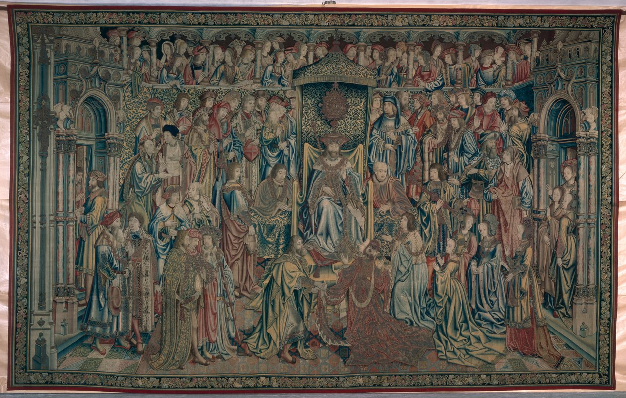 Batseba tervetuloa hoviin, Daavidin ja Batseban kuvakudos, n. 1510-1515 tekijältä Flemish School