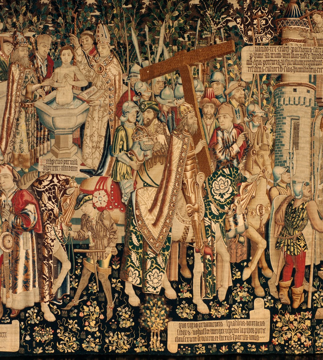 Katedraali (Zaragozan Vapahtajan Seo Ca katedraali). Kuvakudosmuseo. Flanderin kuvakudos. Pyhän Ristin legenda (Pyhän Ristin legenda, Pyhän Ristin legenda). Yksityiskohta. Noin 1450. 430x1120cm. tekijältä Flemish School