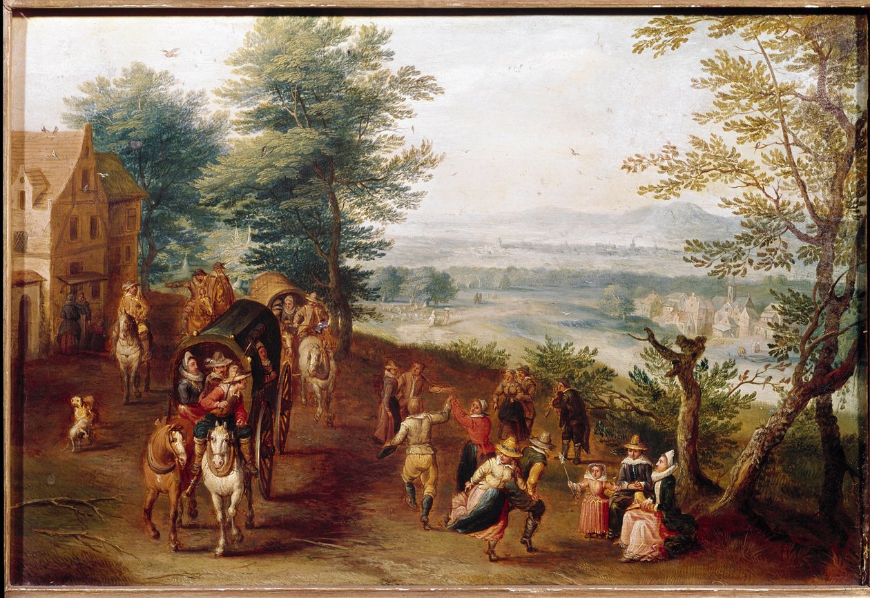 Country dance Village -juhlakohtaus. Flanderin koulun maalaus. 1600-luvun Lissabon, Museo di Arte Antica tekijältä Flemish School