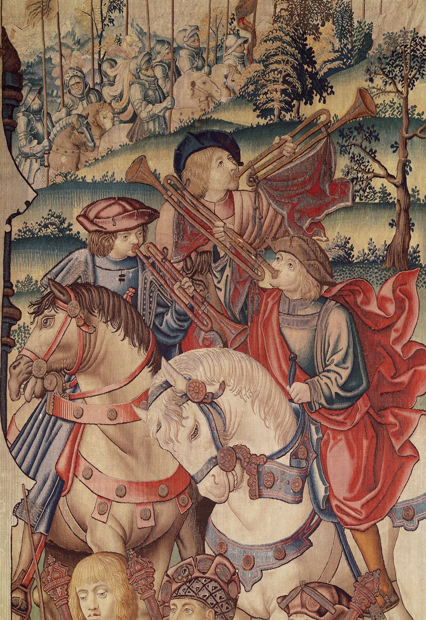 Yksityiskohta trumpetisoittajista hevosen selässä, Daavidin ja Batseban kuvakudos, 1510–1515 tekijältä Flemish School