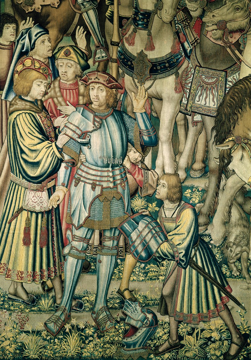 Yksityiskohta heettiläisen Urian aseistetusta ratsastajien kokoamisesta, Daavidin ja Batseban kuvakudos, n. 1510–1515 (katso myös 98092) tekijältä Flemish School