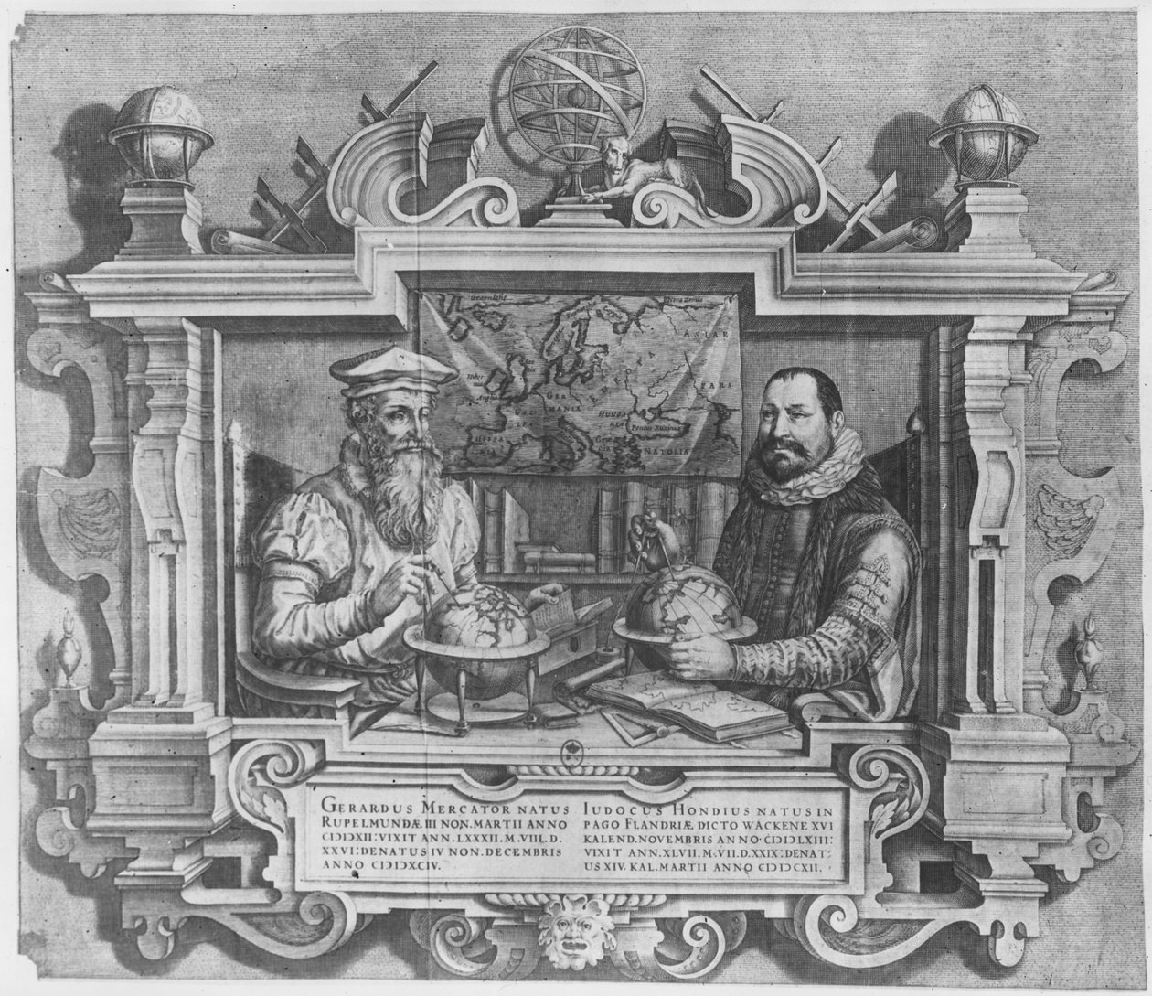 Kaksoismuotokuva Gerard Mercatorista (1512-94) ja Jodocus Hondiuksesta (1563-1612) kaiverrettu sisällytettäväksi Mercatorin ja Hondiuksen atlassarjaan, 1619 (katso myös 10457 ja 30866 tekijältä Flemish School