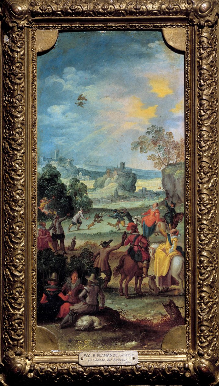 Haukkametsästys Kohtausmetsästys ja lepo maaseudulla. Flanderin koulun maalaus. 1700-luvun alku. Dijon, Kuvataidemuseo tekijältä Flemish School