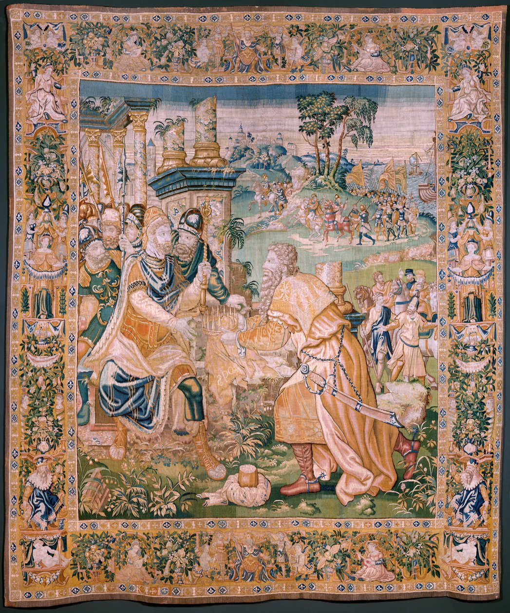 Flanderin kuvakudos. Aleksanterille tarjotaan kruunu (Aleksanterille tarjotaan kruunu). Oudenaarden ateljee. 384x316 cm. Lasku (83024)-5 / 00009. 1600-luku. tekijältä Flemish School