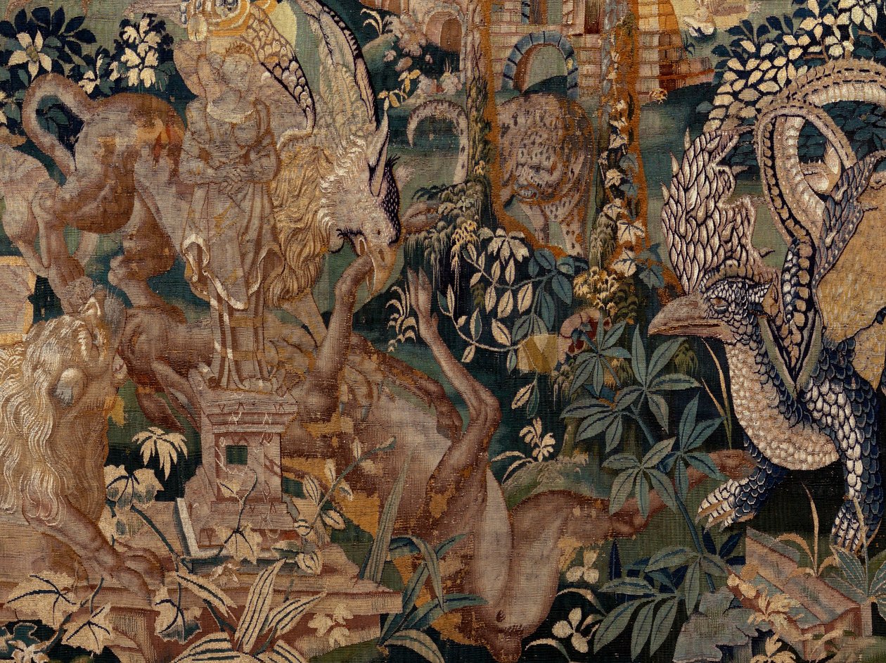 Flanderin kuvakudos. Maisema, jossa on pergola ja isot pedot, 2 pylvästä. Oudenaarden ateljee. 319x508 cm. Inv 0023. 1600-luku. tekijältä Flemish School