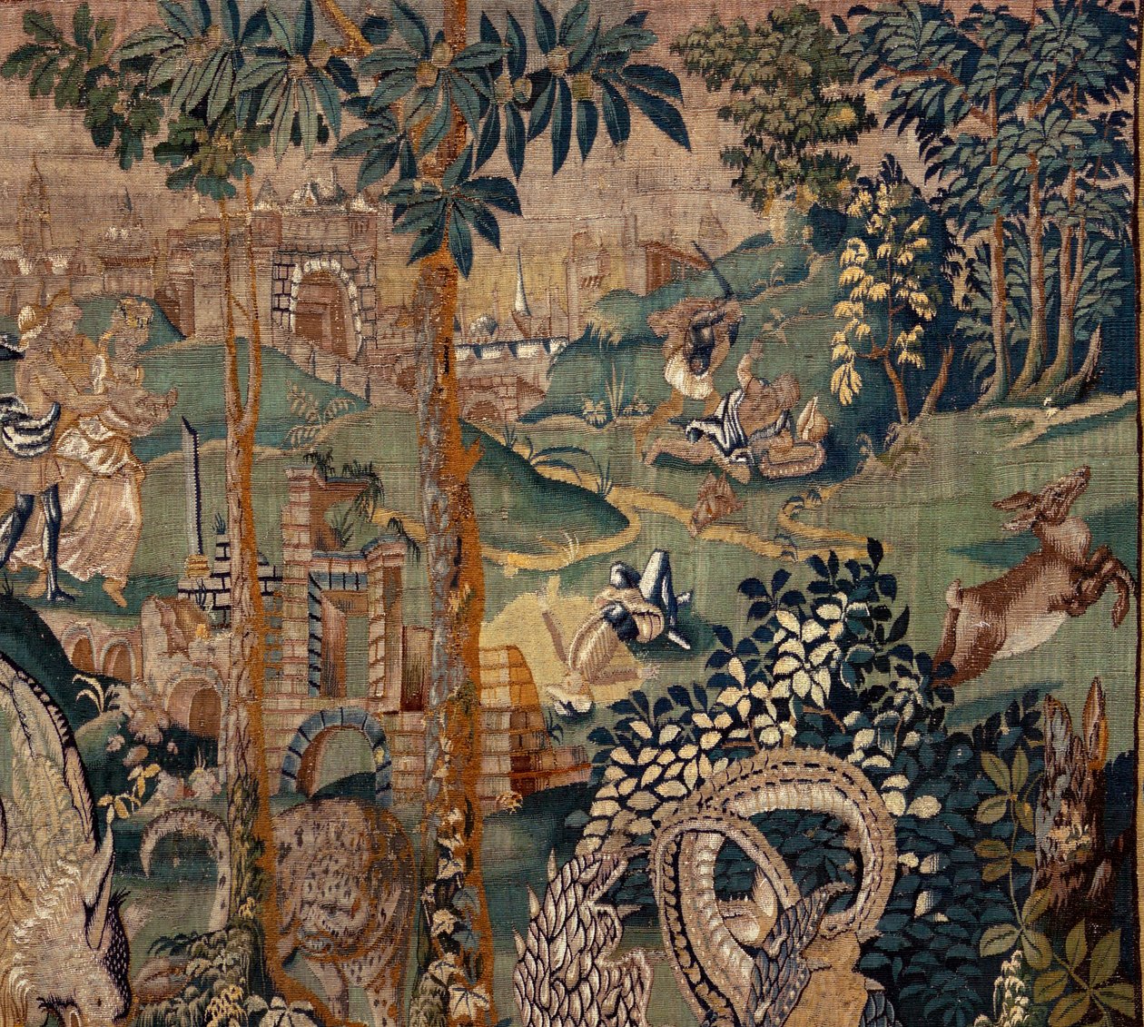 Flanderin kuvakudos. Maisema, jossa on pergola ja isot pedot, 2 pylvästä. Oudenaarden ateljee. 319x508 cm. Inv 0023. 1600-luku. tekijältä Flemish School