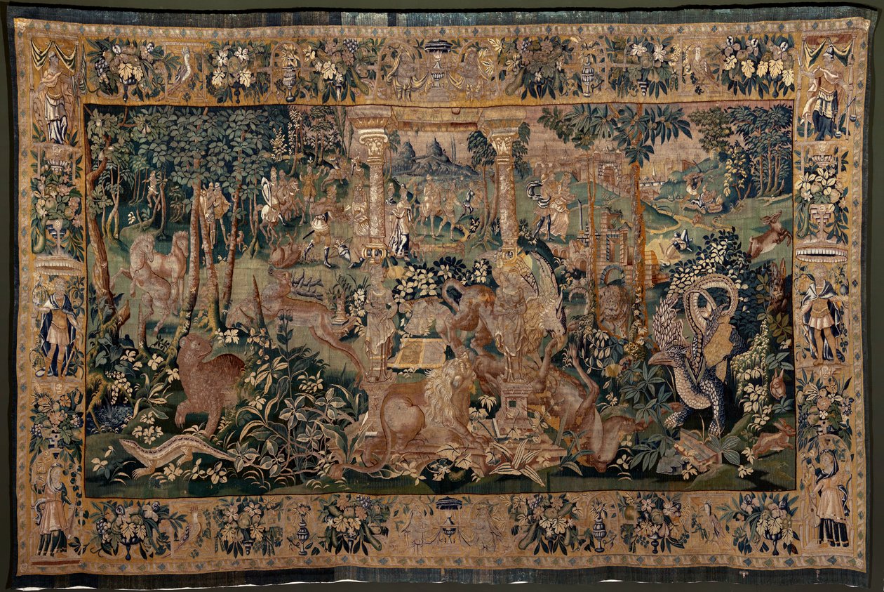 Flanderin kuvakudos. Maisema, jossa on pergola ja isot pedot, 2 pylvästä. Oudenaarden ateljee. 319x508 cm. Inv 0023. 1600-luku. tekijältä Flemish School
