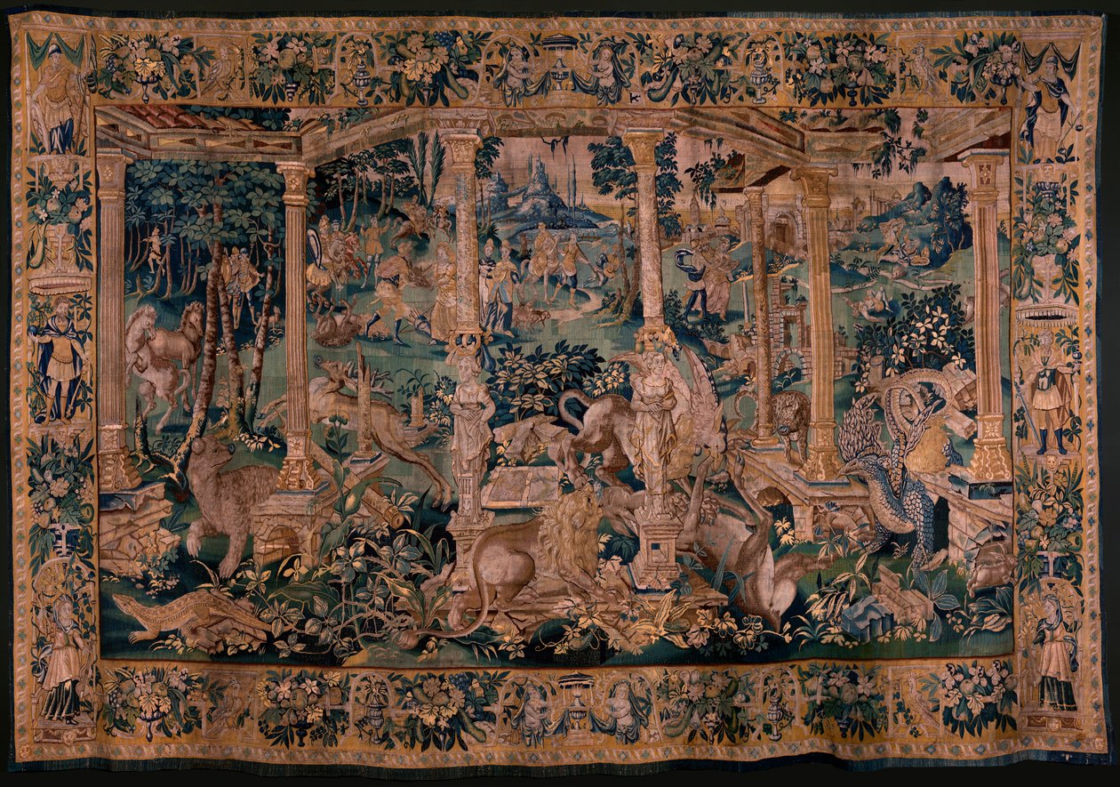 Flanderin kuvakudos. Maisema pergolalla ja suurilla eläimillä. Versio laajalla pergolalla. Oudenaarden ateljee. 340x498 cm. Inv 00023. 1600-luku. tekijältä Flemish School