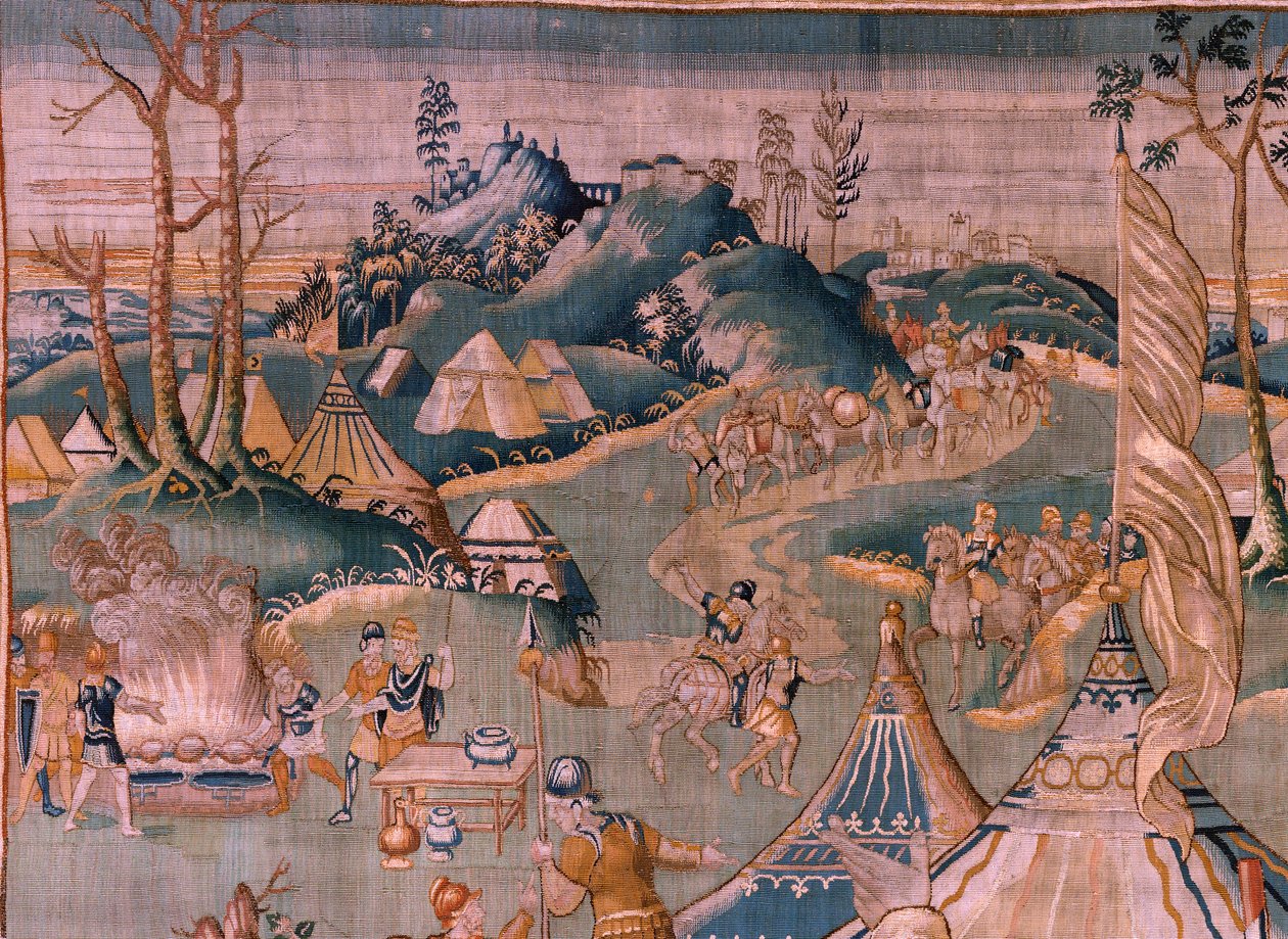 Flanderin kuvakudos. Sotilasleiri lähellä Granikos-jokea. Oudenaarden ateljee. 377x393 cm. Lasku 83104-9 /00011. 17. vuosisata. tekijältä Flemish School