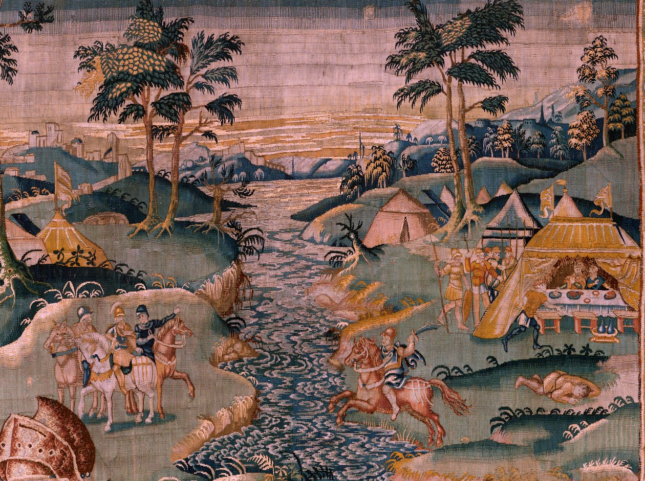 Flanderin kuvakudos. Sotilasleiri lähellä Granikos-jokea. Oudenaarden ateljee. 377x393 cm. Lasku 83104-9 /00011. 17. vuosisata. tekijältä Flemish School