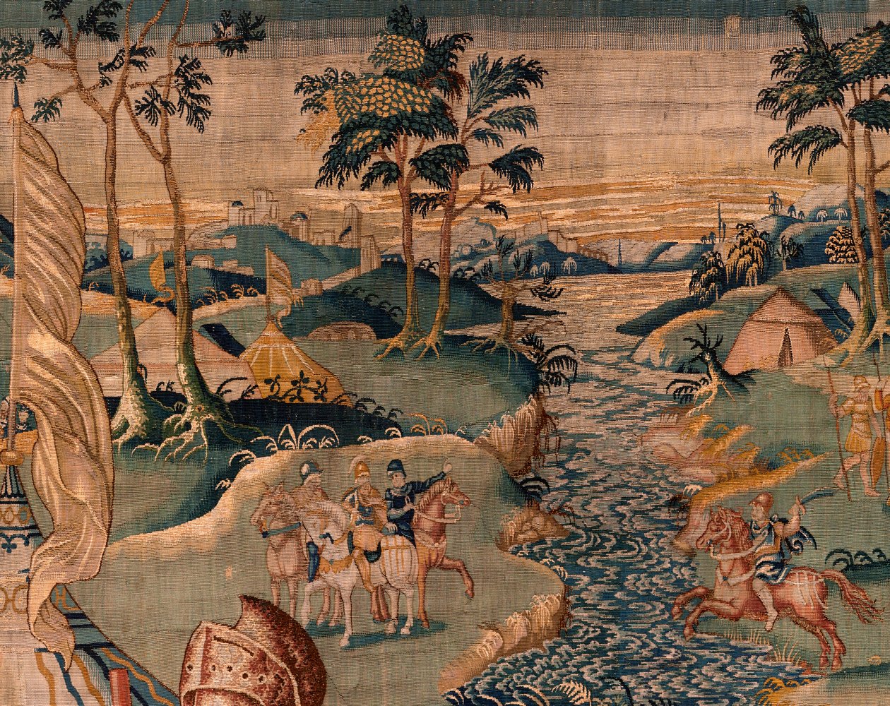Flanderin kuvakudos. Sotilasleiri lähellä Granikos-jokea. Oudenaarden ateljee. 377x393 cm. Lasku 83104-9 /00011. 17. vuosisata. tekijältä Flemish School