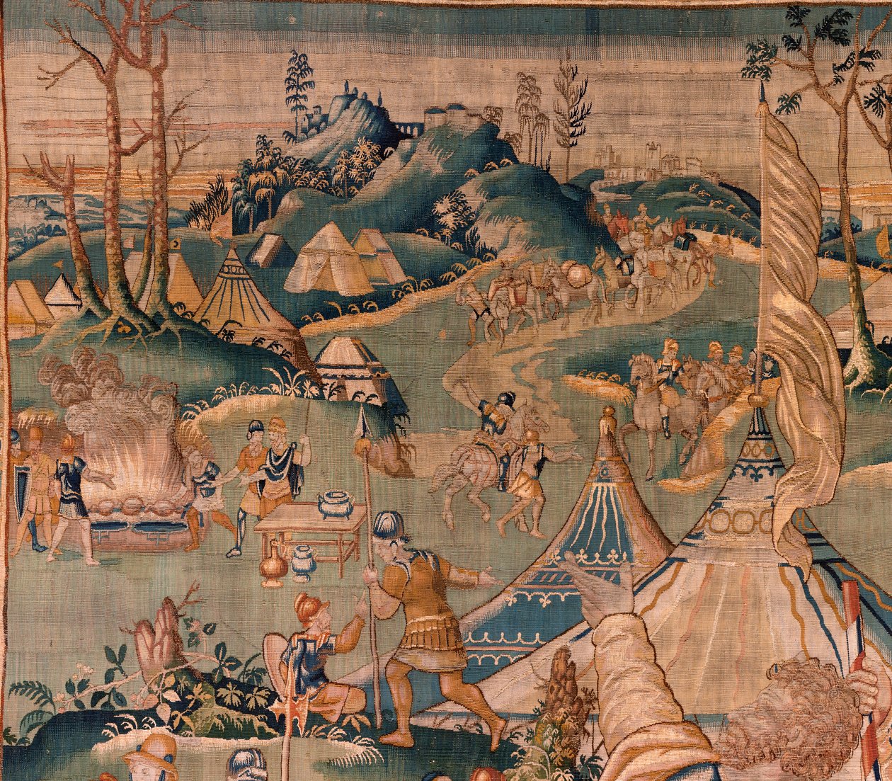 Flanderin kuvakudos. Sotilasleiri lähellä Granikos-jokea. Oudenaarden ateljee. 377x393 cm. Lasku 83104-9 /00011. 17. vuosisata. tekijältä Flemish School