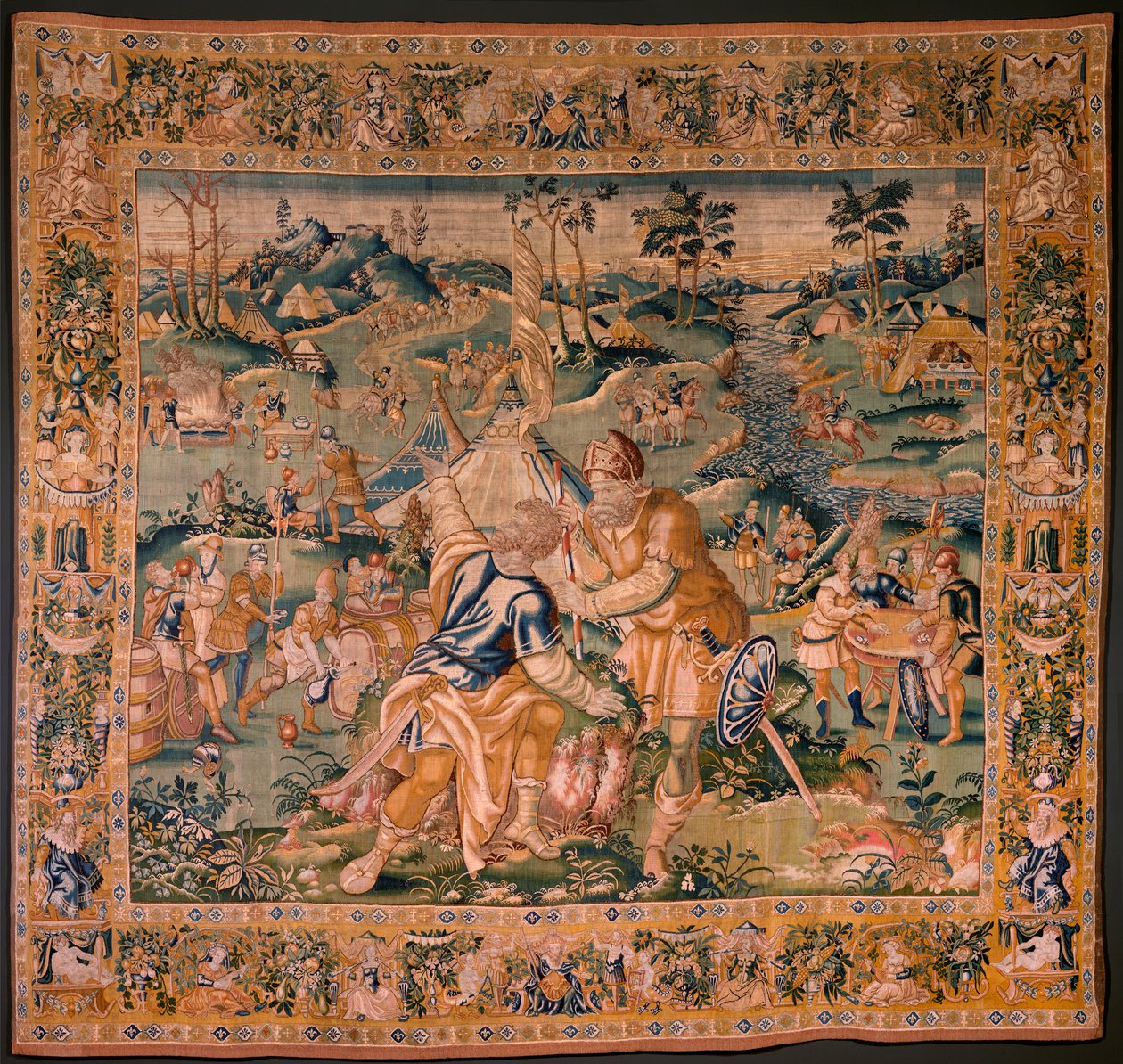 Flanderin kuvakudos. Sotilasleiri lähellä Granikos-jokea. Oudenaarden ateljee. 377x393 cm. Lasku 83104-9 /00011. 17. vuosisata. tekijältä Flemish School