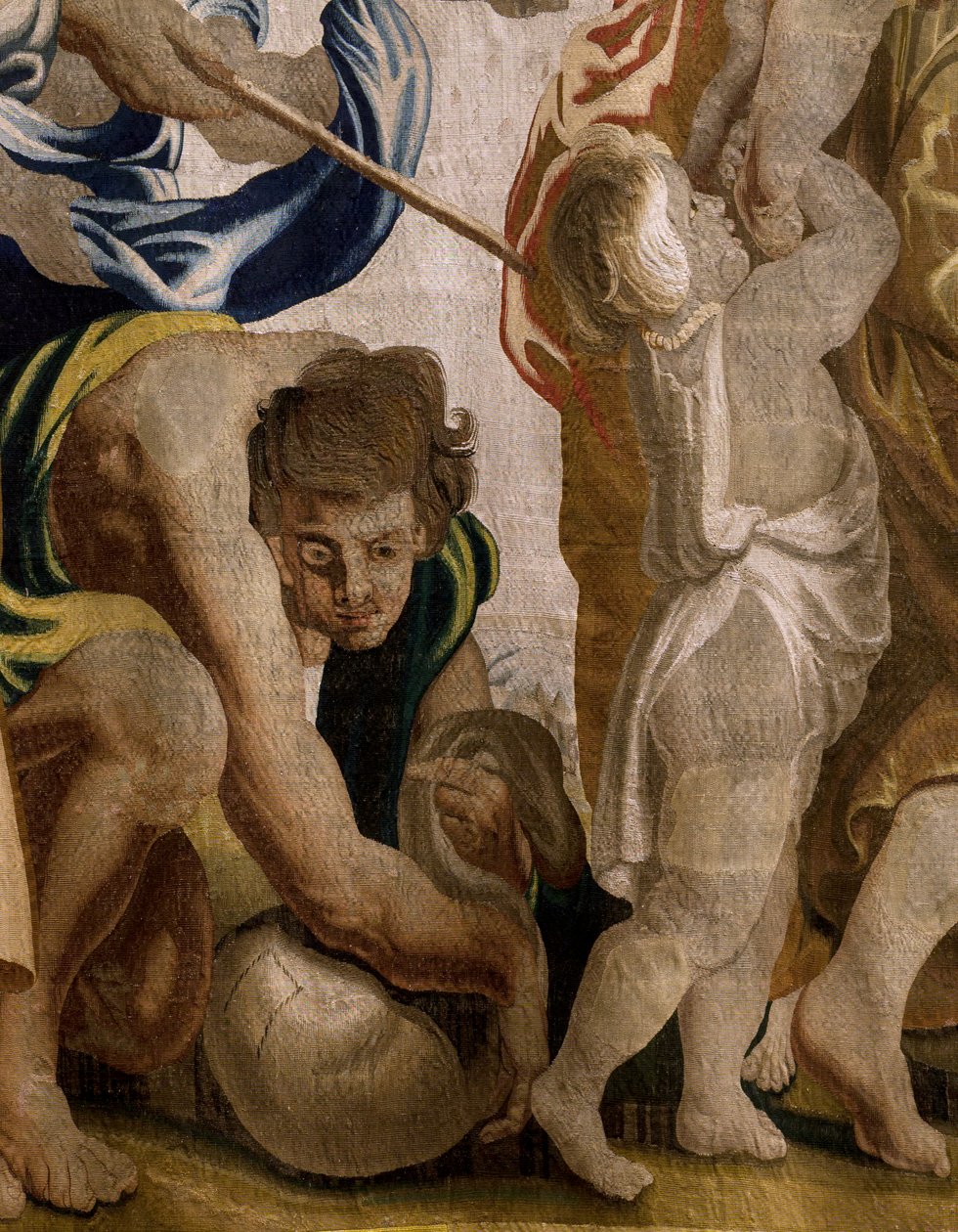 Flanderin kuvakudos. Sarja Eukaristian apotheosis. Mannan sadonkorjuu (Recogida del maná). Mallisarjakuva on kopioitu Rubensin alkuperäisestä. Brysselin valmistus. Valmistaja Frans van den Hecke. 1700-luvun puoliväli. Kangas Silkki ja villa, 7/8 loimi/cm. tekijältä Flemish School