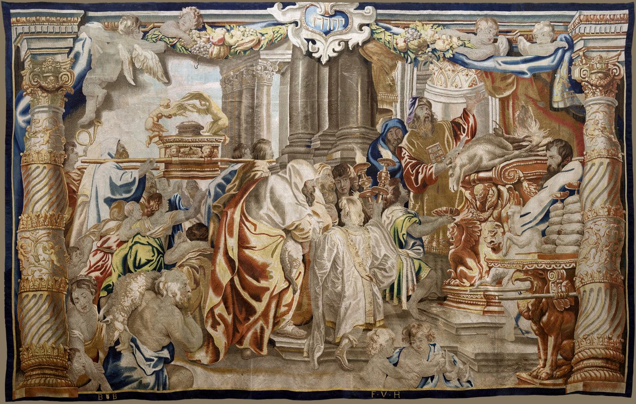 Flanderin kuvakudos. Sarja Eukaristian apotheosis. Mosaiikkilain uhraus (Sacrificio de la Ley Mosaica). Mallisarjakuva on kopioitu Rubensin alkuperäisestä. Brysselin valmistus. Valmistaja Frans van den Hecke. 1700-luvun puoliväli. Kangas Silkki ja villa, tekijältä Flemish School