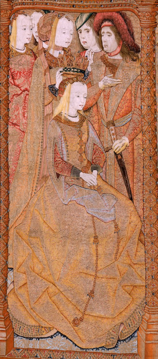 Flanderin kuvakudos. Sarja Devotion of Our Lady tai Golden kankaat. Neitsyen kruunaus (La Coronación de la Virgen). Sarjan neljäs kuvakudos. Mallisarjakuvapiirtäjä Colyn de Coterin piiristä. Valmistus Pieter van Aelst, Bryssel. Noin 1500-15 tekijältä Flemish School