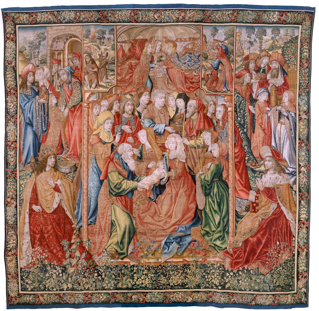 Flanderin kuvakudos. Sarja Episodes from the Life of the Virgin; Esitys temppelissä (Presentación en el Templo). Sarjan toinen kuvakudos. Jan van Roomen (tai van Brusselin) nimissä olevat mallit. Valmistus Pieter van Aelst, Bryssel. Noin 1502-1504. tekijältä Flemish School