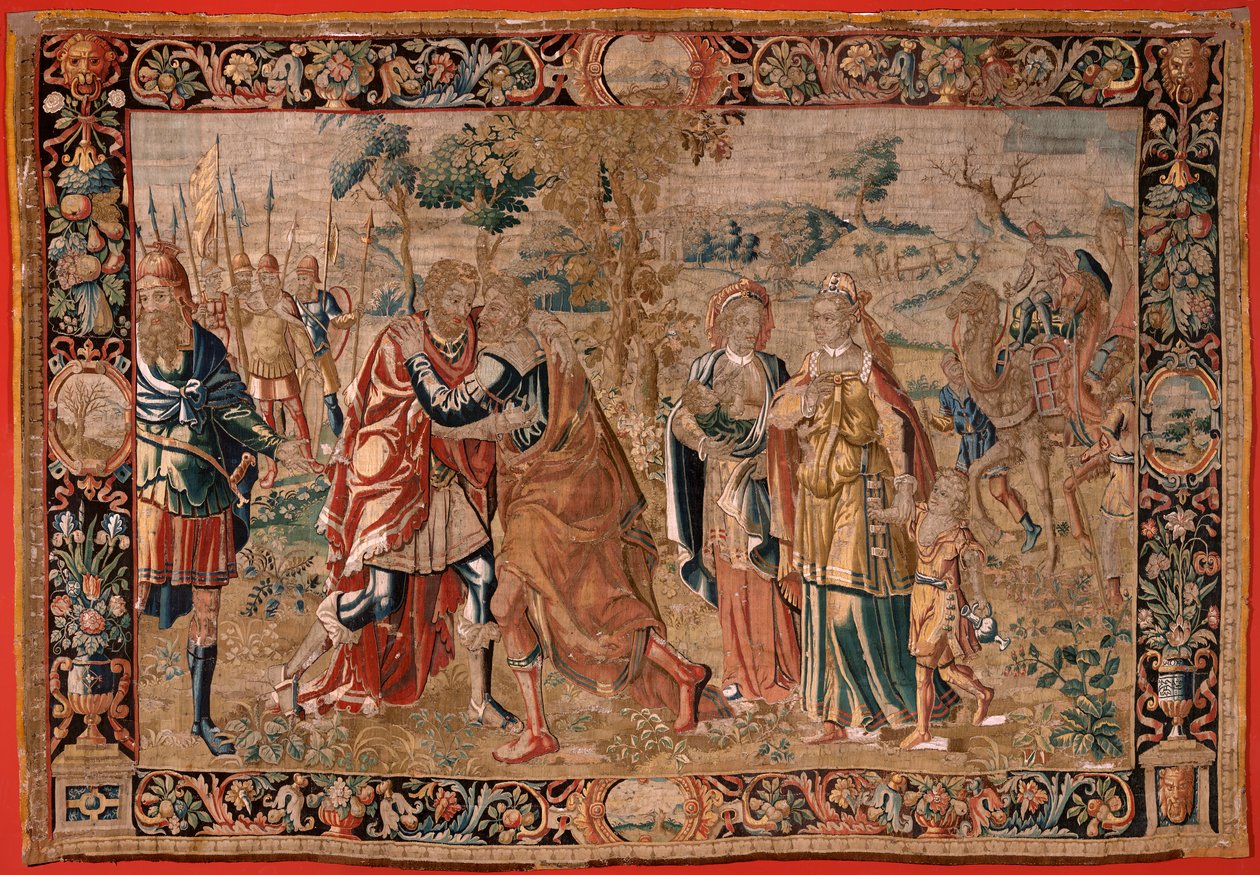 Flanderin kuvakudos. Sarja Esau ja . Jaakobin ja Esaun tapaaminen (Encuentro entre Jacob y Esaú). Sarjan kolmas kuvakudos. Valmistus Alankomaat, 1500-luvun toinen puoli. Kangas Villa. Sijainti Barin Pyhän Nikolauksen kirkko (museo avattu tekijältä Flemish School