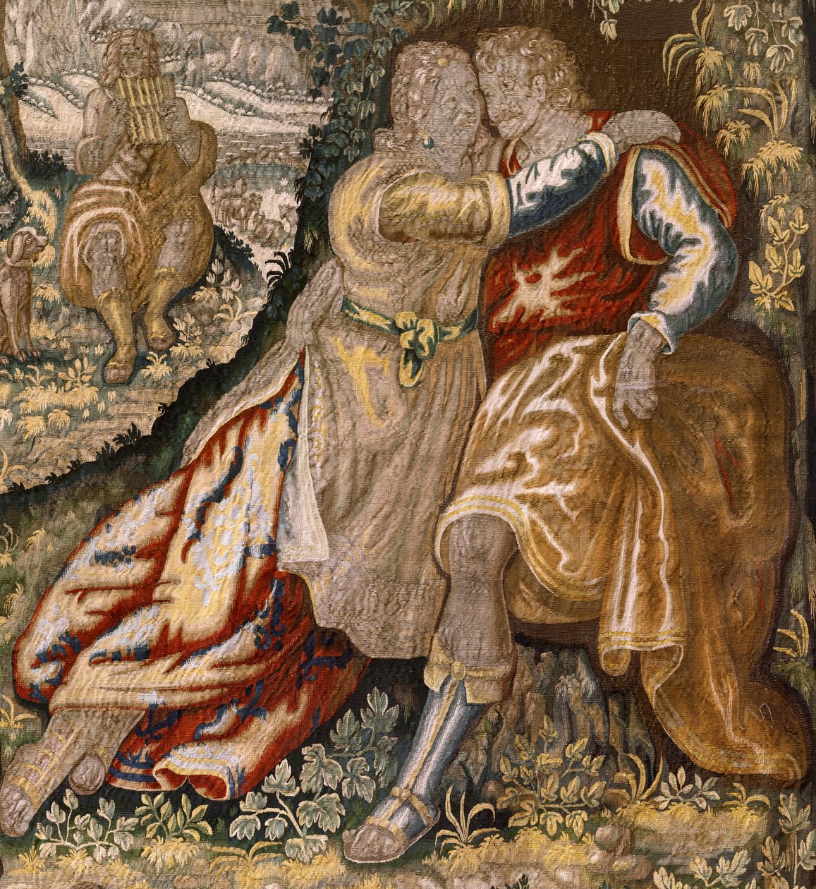 Flanderin kuvakudos. Sarja Gallantry (Galante). Pariskunta muusikon kanssa (Pareja con músico). Valmistus Brysselissä, 1600-luvun alku. Kangas Silkki ja villa, 5/6 loimi/cm. Koko 348 x 263 cm. Sijainti San Millán de la Cogollan kirkko, Oncala (Soria). Alku tekijältä Flemish School