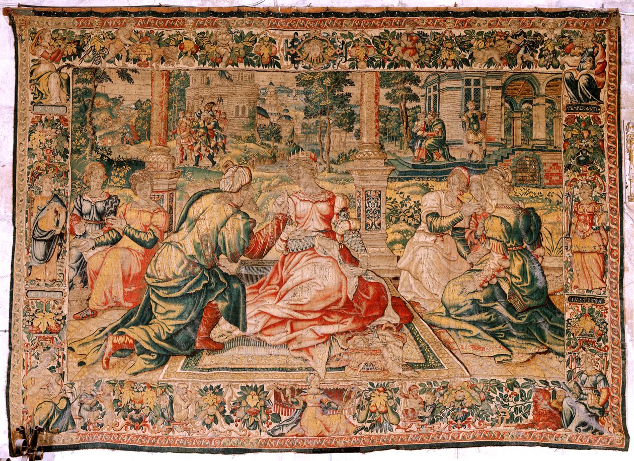 Flanderin kuvakudos. Sarja Mark Anthony ja Cleopatra. Kleopatra ja hänen hovinsa (Cleopatra en su corte). Pieter Coecke van Aelstin mallisarjakuva. Valmistus Brysselissä(?). 1500-luvun toinen puoli. Kangas Silkki ja villa. Koko 310 x 435 cm. Alkuperä tekijältä Flemish School