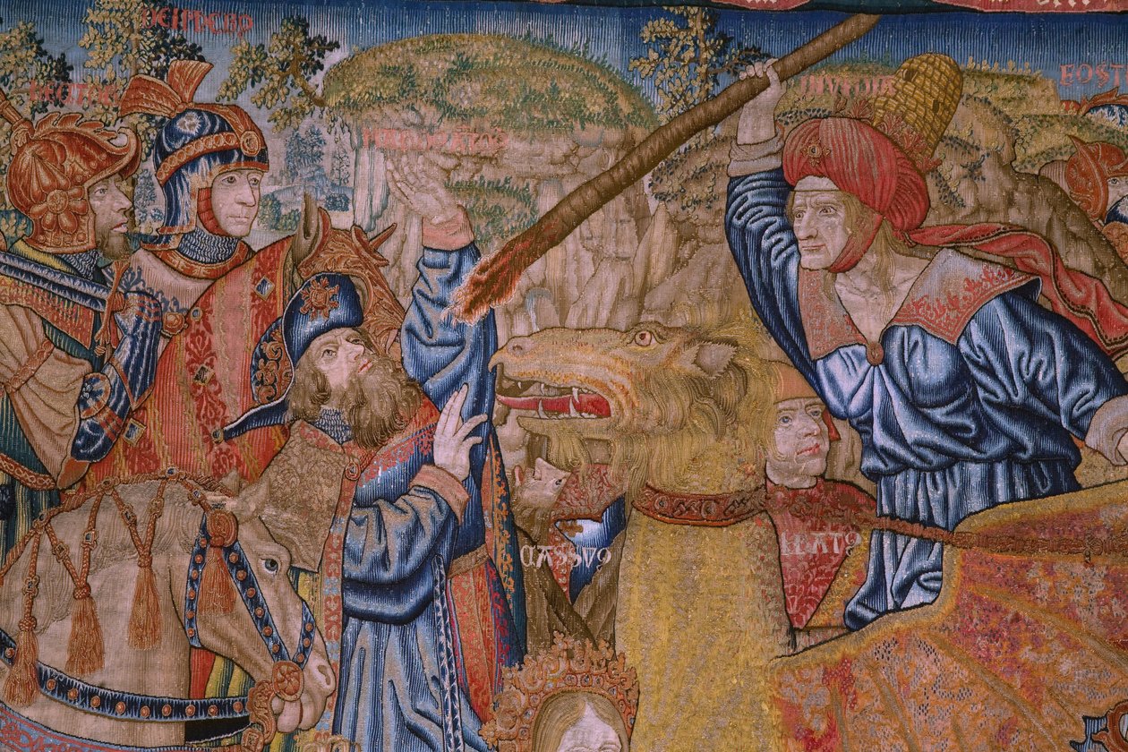 Flanderin kuvakudos. Sarjan moraalit: kunnianosoitusten hyve (De deugd van de Honores, The Virtue of honors). Noin 1520. Yksityiskohta tekijältä Flemish School