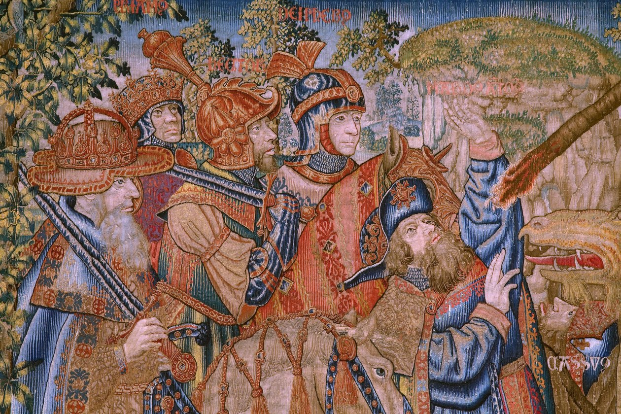 Flanderin kuvakudos. Sarjan moraalit: kunnianosoitusten hyve (De deugd van de Honores, The Virtue of honors). Noin 1520. Yksityiskohta tekijältä Flemish School