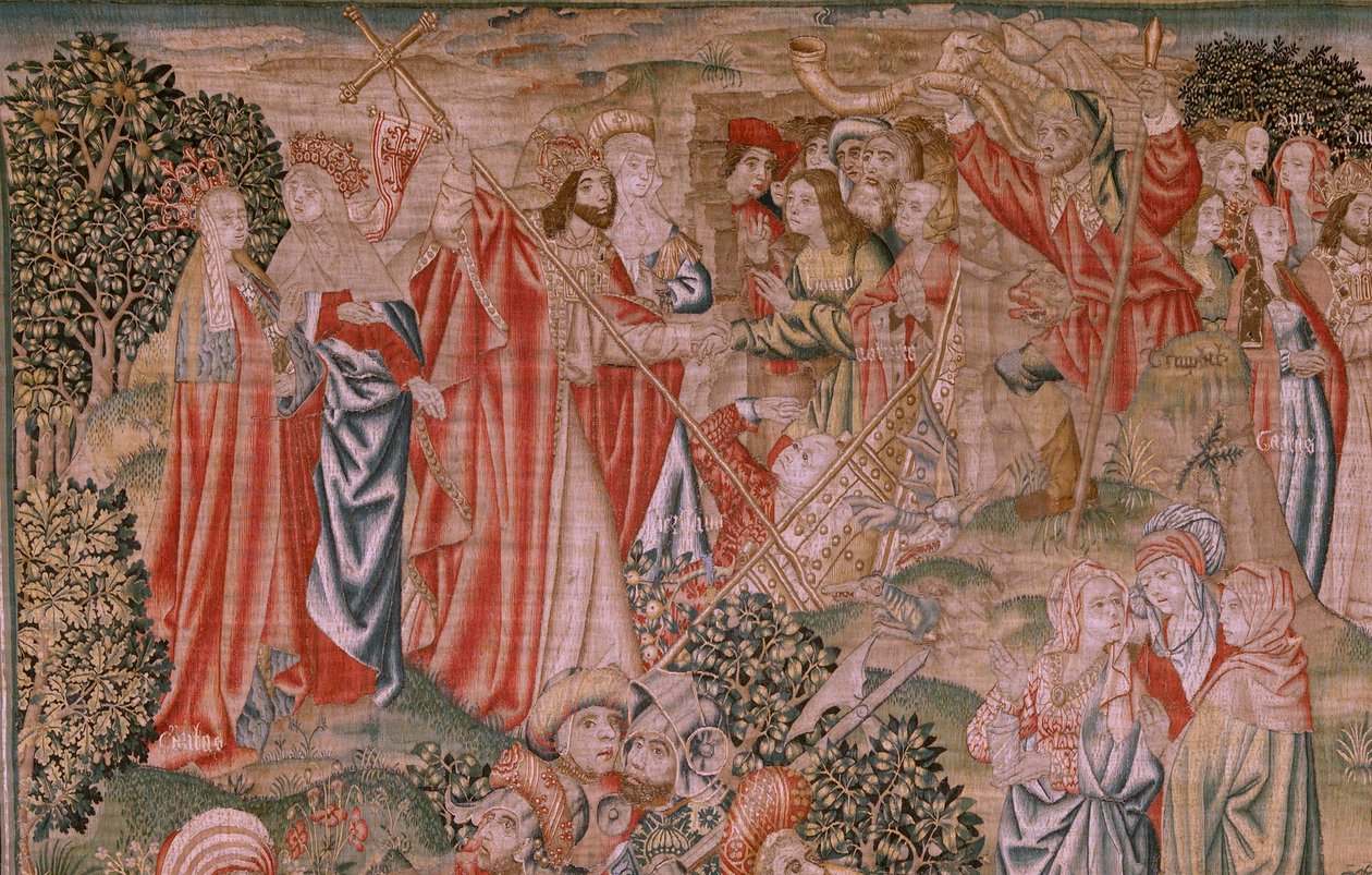 Flanderin kuvakudos. Sarja Ihmisen lunastus tai paheet ja hyveet. Kristuksen ylösnousemus (Resurrección de Cristo). Sarjan kahdeksas kuvakudos (ensimmäinen Burgosissa säilytetyistä). Valmistus Brysselissä. Noin 1510. Kangas Silkki ja villa, 7 loimi/cm. tekijältä Flemish School