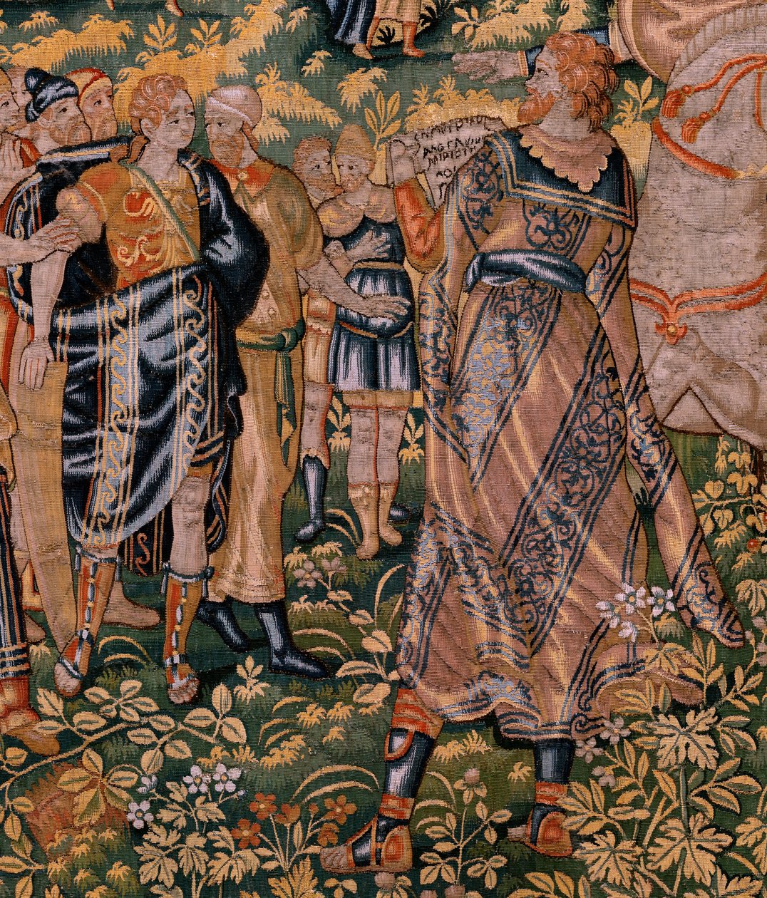Flanderin kuvakudos. Sarjan tarina Cyrusista. No II Astyages tunnistaa Cyroksen (Ciro reconocido por Astiages). Anonymous, perustuu Michiel Coxcieen. Atelier Antwerpen. Silkki ja villa. Noin 1590. tekijältä Flemish School