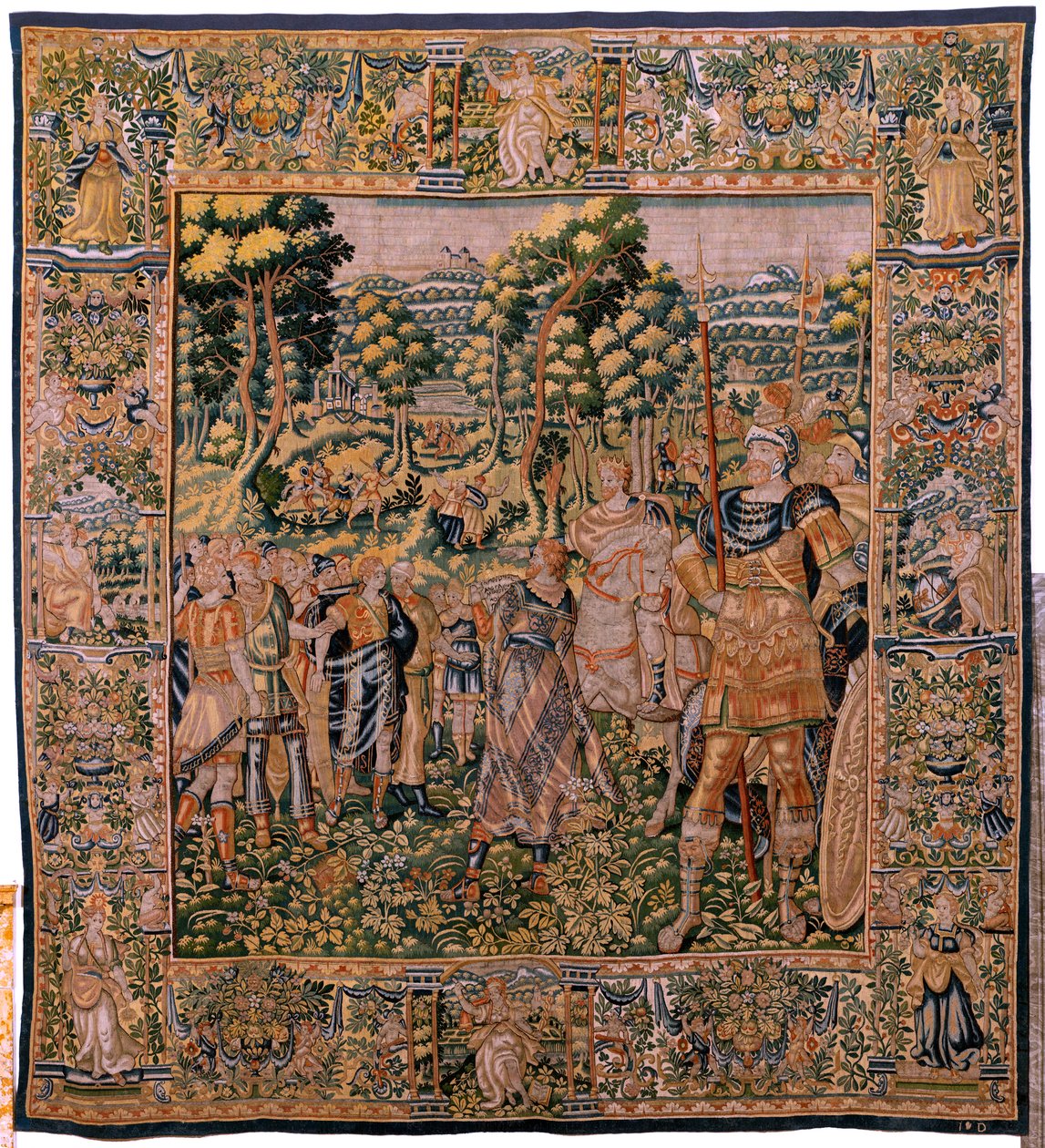 Flanderin kuvakudos. Sarjan tarina Cyrusista. No II Astyages tunnistaa Cyroksen (Ciro reconocido por Astiages). Anonymous, perustuu Michiel Coxcieen. Atelier Antwerpen. Silkki ja villa. Noin 1590. tekijältä Flemish School