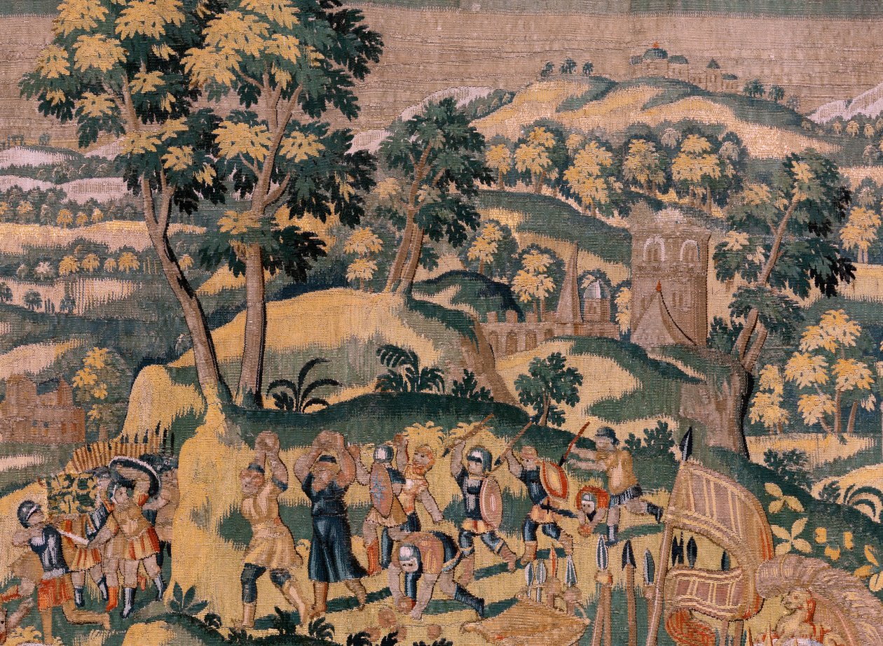 Flanderin kuvakudos. Sarjan tarina Cyrusista. Ei VI Tomyris käskee kastaa Cyrusin pään veriastiaan (Tomiris manda sumergir la cabeza de Ciro en un recipiente lleno de sangre). Anonymous, perustuu Michiel Coxcieen. Atelier Antwerpen. Silkki ja woo tekijältä Flemish School