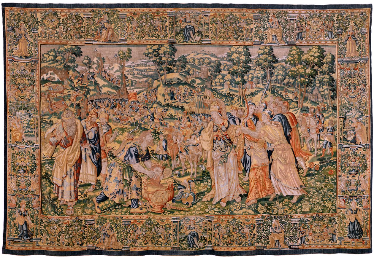Flanderin kuvakudos. Sarjan tarina Cyrusista. Ei VI Tomyris käskee kastaa Cyrusin pään veriastiaan (Tomiris manda sumergir la cabeza de Ciro en un recipiente lleno de sangre). Anonymous, perustuu Michiel Coxcieen. Atelier Antwerpen. Silkki ja woo tekijältä Flemish School
