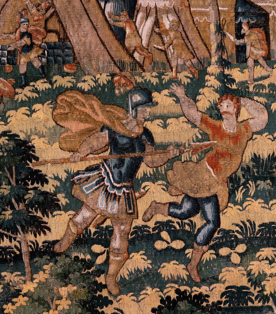 Flanderin kuvakudos. Sarjan tarina Cyrusista. No V -taistelu kahden soturin välillä ja Cyrusin kuolema (Combate de dos guerreros y muerte de Ciro). Anonymous, perustuu Michiel Coxcieen. Atelier Antwerpen. Silkki ja villa. Noin 1590. tekijältä Flemish School